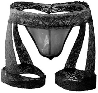 Men's Lingerie Panties Lace Tirm Bulge Pouch G-String Thongs Underwear with Garter (Black, One Size)