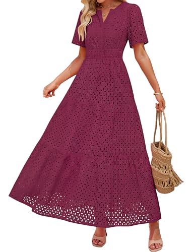 Image of ZESICA Women's 2026 Summer Short Sleeve Maxi Dress Casual V Neck Hollow Out Eyelet Ruffle Swing A Line Long Dresses
