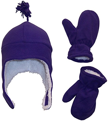 N'Ice Caps Little Girls and Baby Sherpa Lined Warm Fleece Hat & Mitten Winter Set (Dark Purple with White Lining, 2-3 Years)