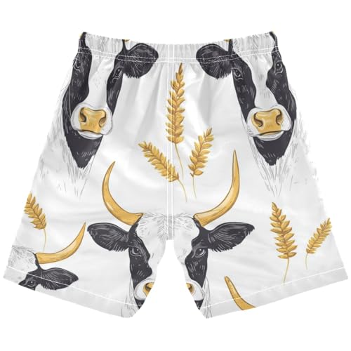 Boys Beach Board Shorts Gold Cow Cattle Swim Trunk Teen Swimwear2