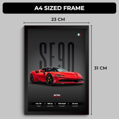 Image of Ferrari SF90 Poster | Framed SF90 Stradale A4 Sized (31 x 23 cm) | Supercar Poster | Supercar Posters for Wall, Gift for Boys, Car Frames | Car Posters for Wall, Bedroom, Hostel, Study Room (F 160)