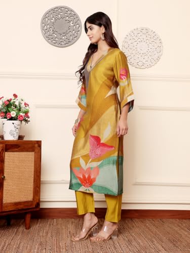 Image of Varanga Women Printed Straight Kurta Pant Set |Chanderi Silk | Summer Wear | Soft, Lightweight & Breathable | Casual Wear