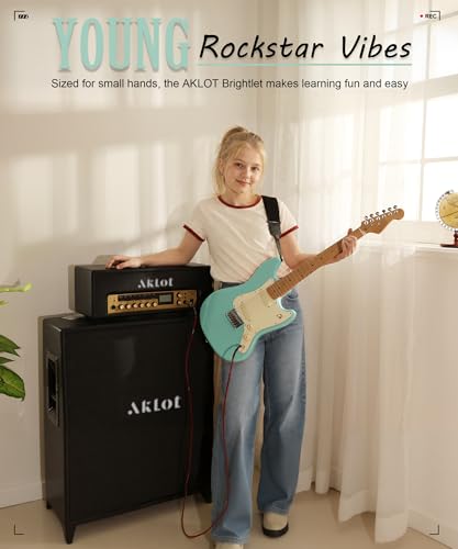 Image of AKLOT Mini Kids Electric Guitar: 3 /4 Size Guitar Kit for Beginners, 1.5in Narrow Neck for Small Hands, Easy to Play, Age 6-12, 36 inch, 10W Amp, Gig Bag, Strap, Cable, Picks & Lesson Book (Green)