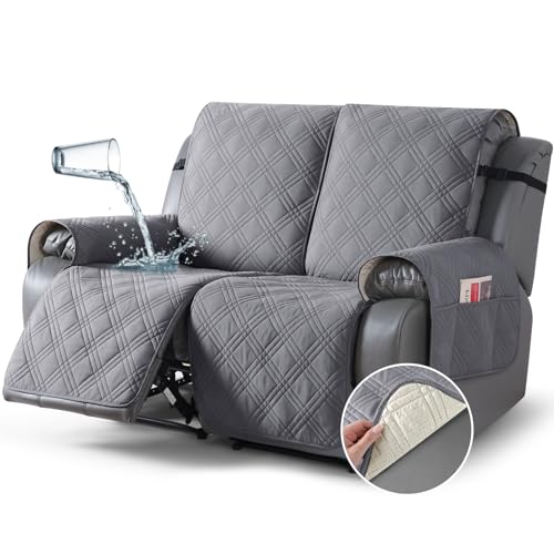 Image of TAOCOCO 100% Waterproof Loveseat Recliner Cover, Non Slip Split Loveseat Covers for Reclining Loveseat with Elastic Straps, Washable Recliner Chair /Furniture Protector for Kids Pets(2 Seater, Gray)