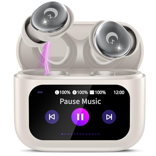 VEKJ Wireless Earbuds with Smart Touch Screen, Mini Sleep Earbuds Bluetooth 5.4 Headphones In Ear with Noise Cancelling Mic, 48H Bass Stereo Ear Buds, 5 EQ Modes/IP7 Waterproof Earphones Beige