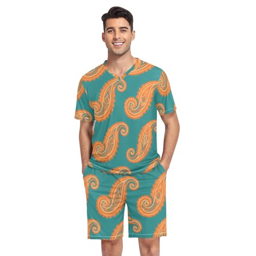Mens Pajamas Set Short Sleeve Pj Sleep Lounge Sleepwear Pants with Pocket S-XXL