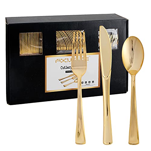 FOCUSLINE 300 Pack Gold Plastic Cutlery Set - 100 Forks, 100 Knives, 100 Spoons - Disposable Flatware Heavy Duty Plastic Silverware Set for Catering, Parties, Dinners, Weddings