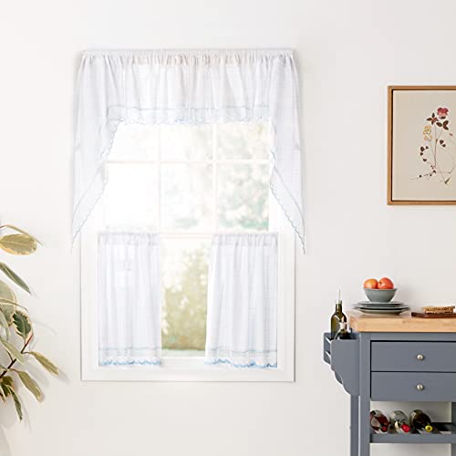 Image of Sweet Home Collection 5 Pc Kitchen Curtain Set-Valance Swag Choice of 24 inch or 36 inch Tier Pair, Adirondack White /Blue