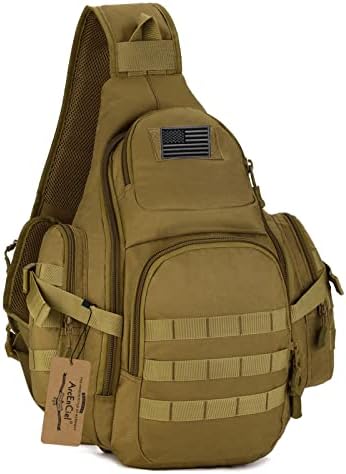 ArcEnCiel Tactical Sling Pack Military Molle Chest Crossbody Shoulder Bags Motorcycle Bicycle Assault Range Diaper Day Backpack with Patch (Coyote Brown)