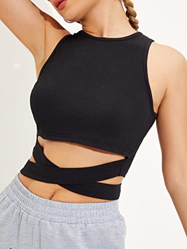 Image of Shasmi Women's & Girl's Black and Orange Solid Ribbed Round Neck Collarless Sleeveless Slim Fit Lace Up Tank Tops (Top 45)