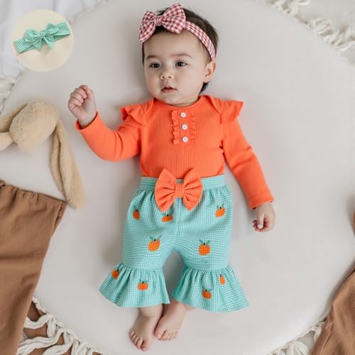Baby Girl Bell Bottom Outfit Long Sleeve Ribbed Romper Flare Pants Set Halloween Christmas Fall Winter Clothes3