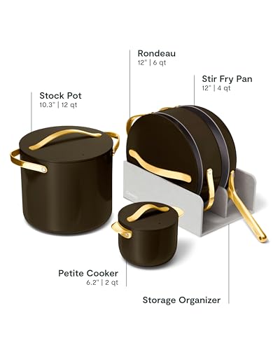 Image of Caraway Cookware+ Collection - Specialty Cookware Set - Petite Cooker, Stir Fry Pan, Rondeau, & Stock Pot - 3 Lids & Storage Organizer Included - Black