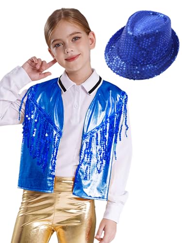 Kids Girls Boys Hip Hop jazz dance Sparkle Sequin Vest Tops with Hat Sleeveless Jacket Coat for Stage Performance