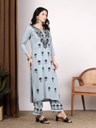 Image of Women Brown Ethnic Motifs Embroidered Lucknowi Chikankari Kurta & Palazzo Sets