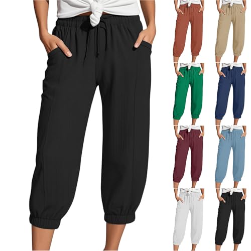 Capri Pants for Women Casual Summer Stretch Waist Drawstring Capris with Pockets Lightweight Barrel Harem Crop Pant