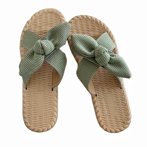 Women's Open Toe Slide Slippers with Cute Bow, Summer Crossband Linen Sandal Slippers, Slip-on House Shoes