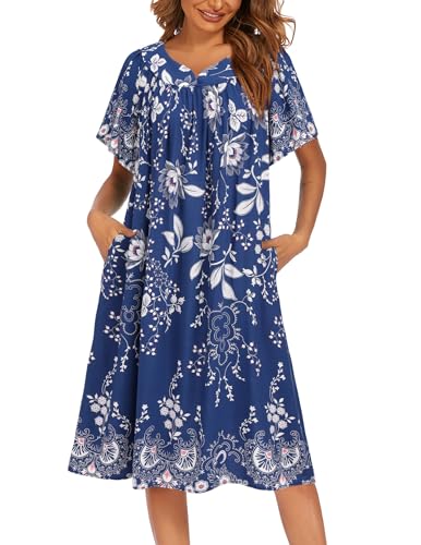 Image of Ekouaer Womens Nightgown Short Sleeve House Dress with Pockets-Floral Print Mumu Dress