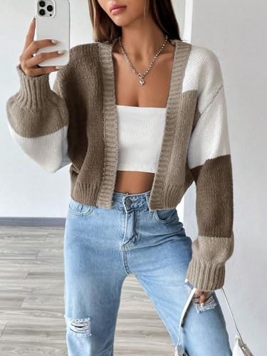 Image of SISKIN Fall Cropped Cardigan Sweaters for Women Lightweight,Color Block Oversized Cardigan Sweater