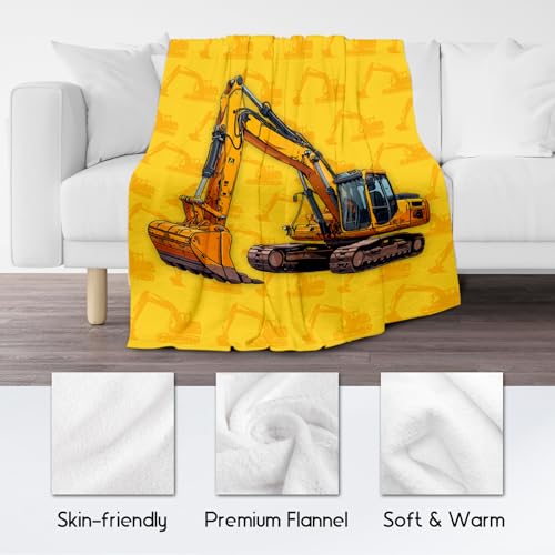 Toddler Blankets for Boys, Cozy Soft Excavator Throw Gifts for Kids, Yellow Flannel Construction Blankets for Bed Couch, 60x80 Inches
