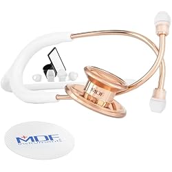 MDF Instruments MD One Epoch Lightweight Titanium Stethoscope, Adult, Free-Parts-for-Life, White Tube, Rosegold Chestpiece-Headset, MDF777TRG29
