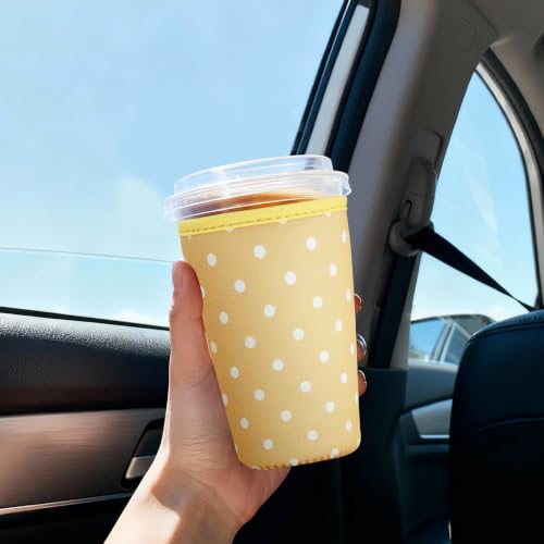 Image of Reusable Insulated Sleeve for Iced Coffee Cup, 3-Pack Coffee Neoprene Drink Sleeve for Cold & Hot Drinks, Beverage Holder for Iced Coffee (Yellow Dots)