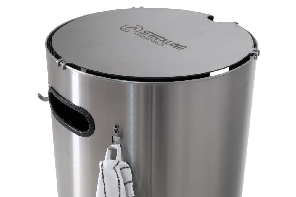 Schickling Gasflaschen Schutzhülle aus Edelstahl - Gasflaschenschrank für Gas-Flaschen bis 11kg mit Rollen, Griff, Deckel & Grillbesteckhaken - Höhe: 70cm Breite: 34cm - Made in Germany