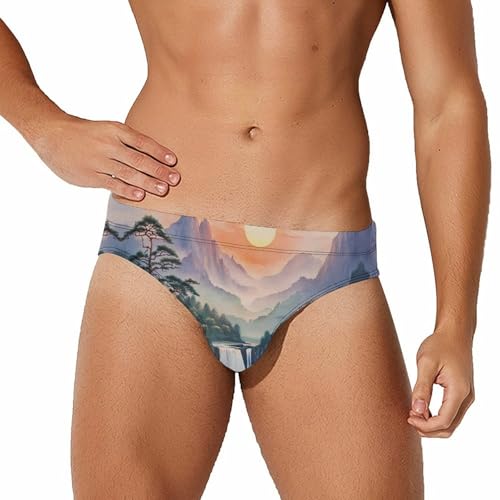 Chinese Landscape Mountain Waterfall Men's Swimming Trunks Briefs Beach Swimwear Low Rise Bikini Swimsuit Print Bathing Suit