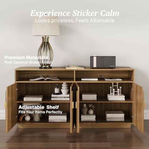 Image of BELLEZE 65-inch Fluted Sideboard with Open Shelf, Mid Century Modern Sideboard with Adjustable Shelves & Cable Management, Wooden Accent Cabinet for Dining Room, Living Room - Caramel Brown