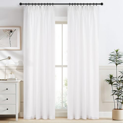 MRTREES Vorhänge Kurz Voile Gardinen Weiß Halbtransparent Stores Gardinen Vorhang Kräuselband für Wohnzimmer Schlafzimmer 145 x 132cm (H × B) 2er Set