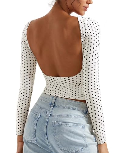 SUUKSESS Women Backless Going Out Tops Double Lined Open Back Basic Long Sleeve T Shirts (Pulka Dots White S)