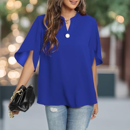 Womens Tops Dressy Casual Ladies Business Elegant Blouses Summer Short Sleeve Tunics V-Neck Shirts Work Attire Royal Blue Plus 4XL