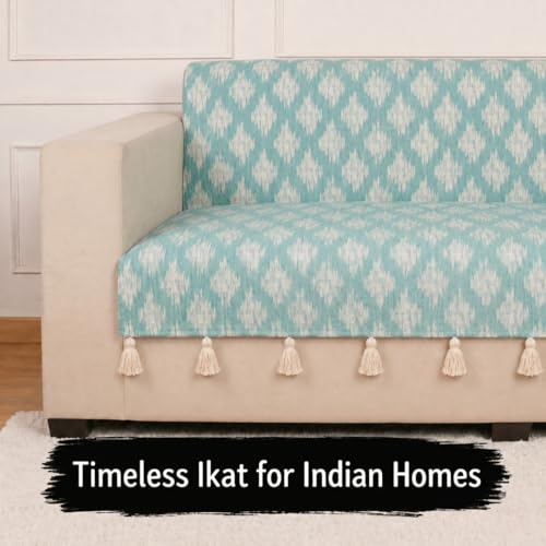 Image of STITCHNEST 'Verdant Ikat Stories' 2 Seater Sofa Cover - Full Coverage| Elegant Jacquard Fabric, Decorative Tassels, Washable & Durable for Modern Living