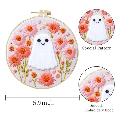 Image of LB Pink Halloween Embroidery Kit for Beginners Adults, 3 Sets Hand Embroidery Starter Kit with Ghost Pattern and Instructions Stamped Cross Stitch Kits Include Embroidery Hoop Needles Threads Scissors