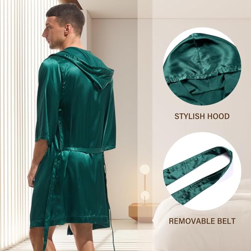 AMY COULEE Mens Silk Robe with Shorts 2 Pcs Satin Boxers Hooded Bathrobe Sexy Pajama Set Half sleeve Sleepwear3