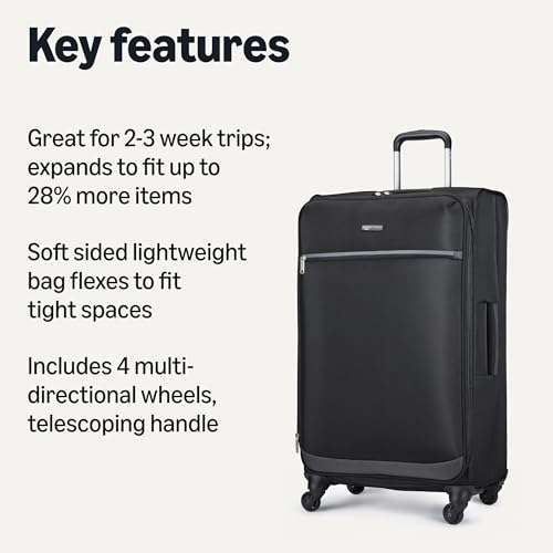 Amazon Basics Luggage, 28" Large Checked Softside Suitcase With Wheels, With Four 360-Degree Multi-directional Spinner Wheels, Expandable Capacity, Zippered Pocket and Straps, Telescopic Handle, Black2