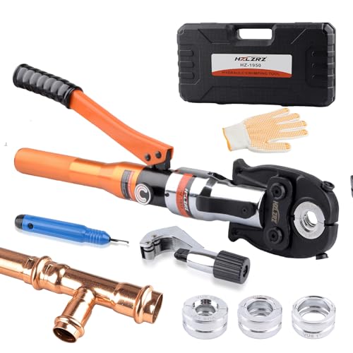 HZLZRZ ProPress Tool Copper Tube Fittings Hydraulic Copper Pipe Crimping Tool with 1/2 3/4 and 1 inch Jaws and Stainless Steel Pipe Cutter and Deburring Tool Suit for Narrow Space and Tee Fittings