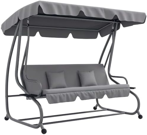 Outsunny Hollywoodschaukel mit Liegefunktion 200x120x164cm Hellgrau | 3-Sitzer, Gartenschaukel, Verstellbares Dach, Seitenklapptisch, Wasserabweisende Schaukelbank, Bis 340kg, Gart