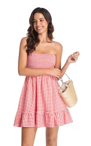 Image of Tsher Tube Top Dress for Women Summer Solid Strapless Mini Dresses Off The Shoudler Ruffle Beach Cover Sundress