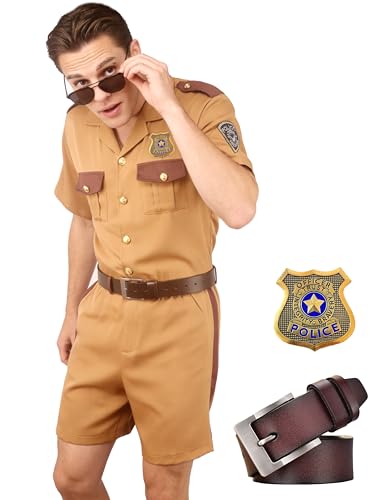Univafeli Adult Comedy Sheriff Costume Mens Funny Police Deputy Outfit with Belt Badge Sunglasses for Halloween Party XS