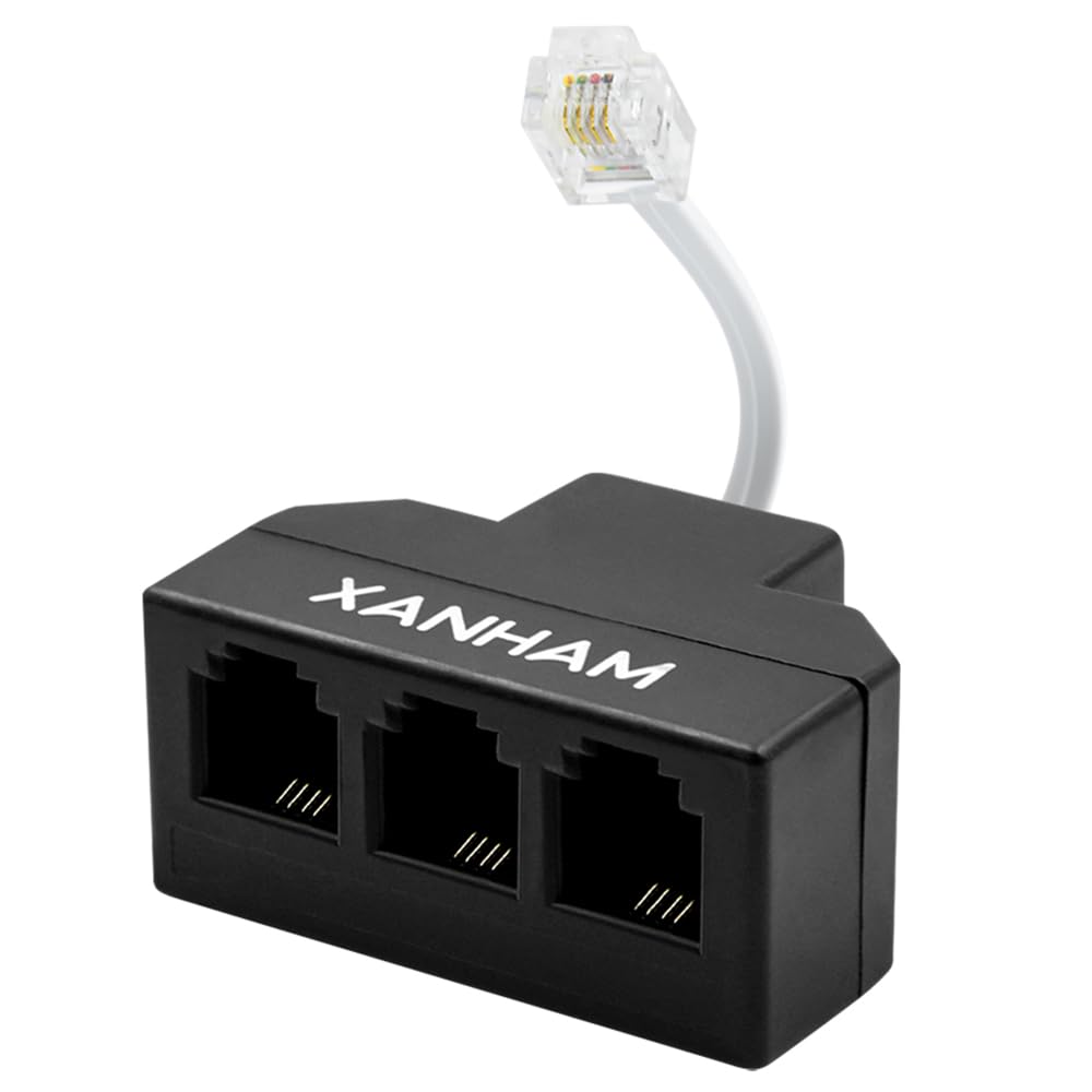 XANHAM RJ11 Cable 3 Way Splitter 6P4C Connector Phone Line Cord Adapter with 3 inch Cable for Landline Telephone Wire, Black, AV01303