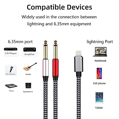 Lightning To Dual 6.35Mm 1/4" Ts Mono Stereo Y-Cable Splitter Lightning To Dual 1/4 Inch Audio Cable Compatible For Iphone12/11/X/Xs/Xr/8/7/Ipad,Amplifier, Speaker, Headphone, Mixing Console 6.6Feet #TOP1
