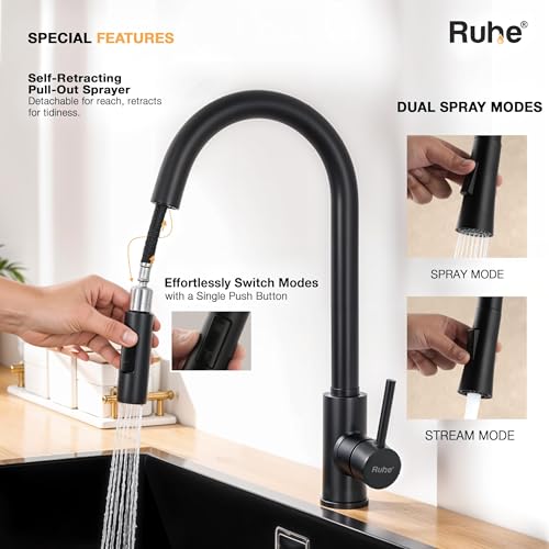 Image of Ruhe 304-Grade Staineless Steel Kara Pull-Out Single Lever Sink Mixer Faucet with Dual Flow | 360 rotatable | Super-Functional Water tap for Kitchen & Bathroom (Matte Black)