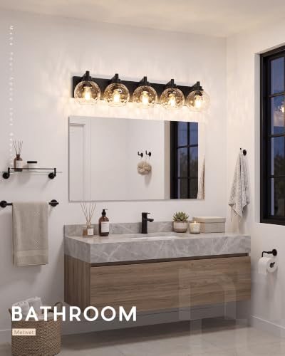 Image of 5-Light Black Bathroom Vanity Light, Hammered Glass Globe Shade | 32 Inch matte black modern bathroom light fixture over mirror, UL listed, E26 bulbs, hardwired, upward only, VL200-MB-CL-5