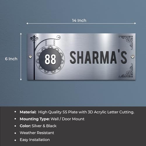 Image of BEE CREATIVE Customise Name Plate for Home Entrance (Timeless Silver) | Modern Wooden Name Plate for Main Door, Outdoor Name Board, Stylish Design for Flats, Apartments