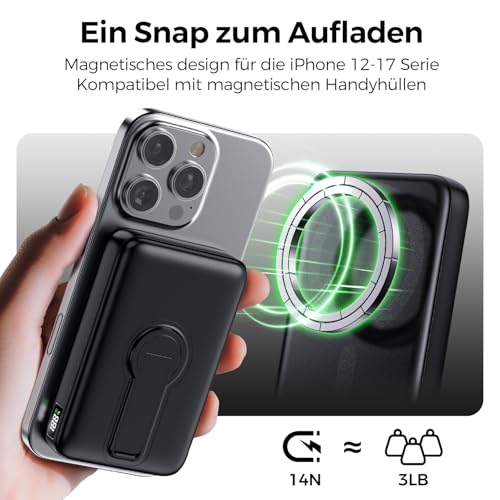 Powerbank für MagSafe, 12000mAh Externe Handyakkus mit Ständer, Schwarz – Ansicht 2