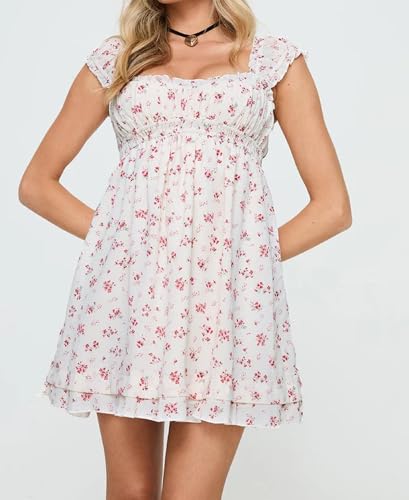 Image of NUFIWI Y2K Ruffle Hem Babydoll Mini Dresses Square Neck Spaghetti Strap Short Dresses Boho Flowy Patchwork Sundress Vocation