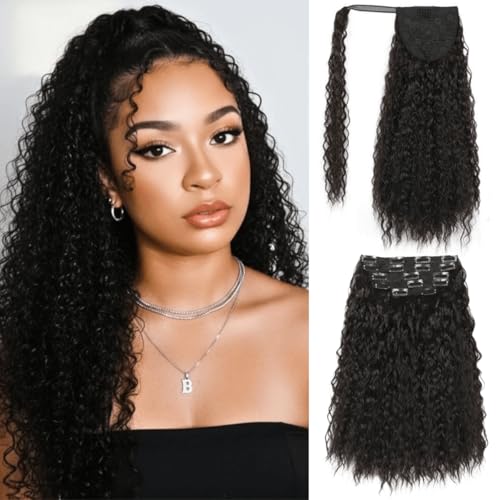 VAVANGA 6PCS Half Up Half Down Ponytail Extension Set 20inch Long Water Wave Clip in Wrap Ponytail Hair Piece Black Fuller Wave Curly Fake Pony Tail with Clip in Low-tempereture Fiber Hair for Women