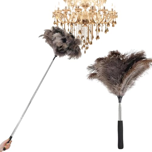 Spolverino telescopico con piume di struzzo, con manico telescopico, antistatico, lavabile, estensibile fino a 115 cm, strumento per la pulizia della polvere per superfici alte e strutture sensibili