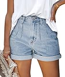 CHICZONE Denim Shorts for Women Stretchy Folded Hem Pleated Mid-High Rise Light Blue Jean Shorts XL