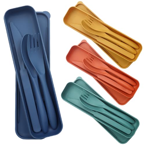 GETRICH 4 Set Posate da Campeggio, Riutilizzabili Posate da Viaggio con Custodia, Portatili Posate Plastica Rigida Lavabili con Coltelli, Forchette, Cucchiai per Lavoro Picnic Scuola o Uso Quotidiano
